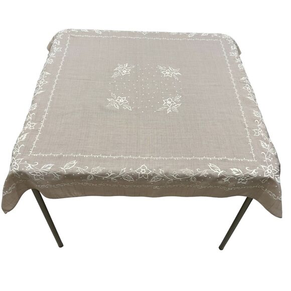 Vintage 50s Card Table Cloth 40x44 Beige with Cream Flocked Design Tone On Tone - Picture 2 of 4
